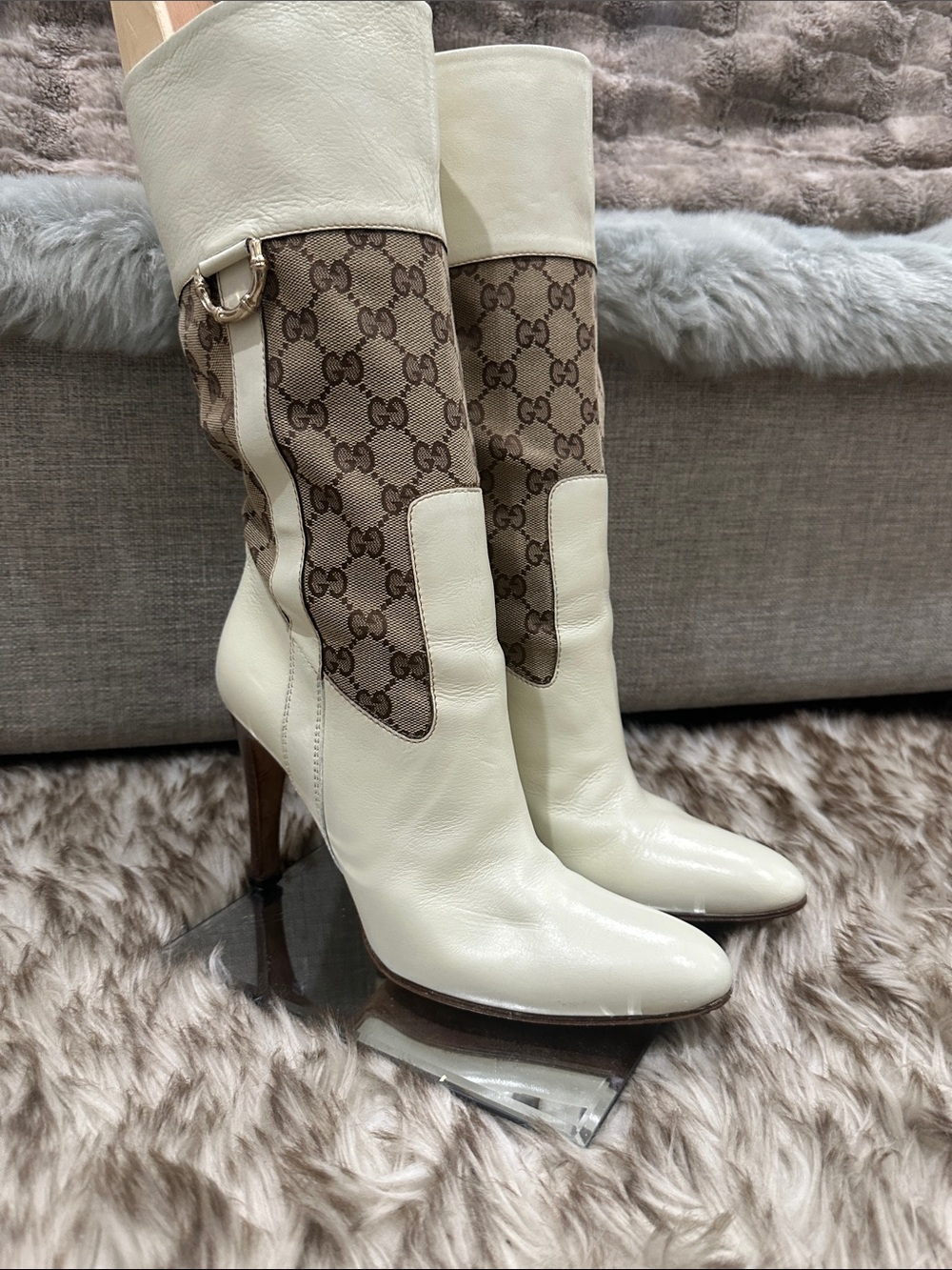GUCCI Cream and Brown GG Canvas Boots W/ GUCCI signature bamboo gold hardware
